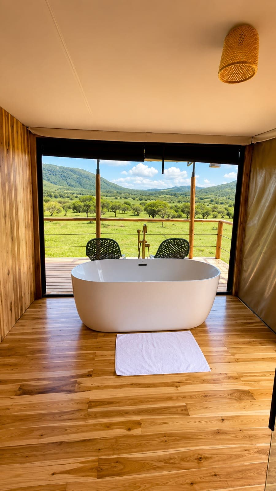 Freestanding bathtub framing open savanna views from a tented suite, Rungwa North